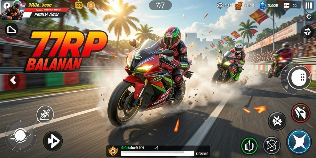 Tampilan gameplay seru dari balapan motor dalam 77RP.