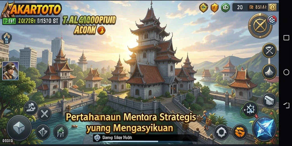 Screenshot gameplay AKARTOTO menampilkan pertahanan menara yang mendebarkan.