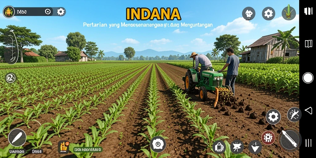 Gameplay INDAAA menampilkan ladang subur dan hewan peliharaan yang ceria.