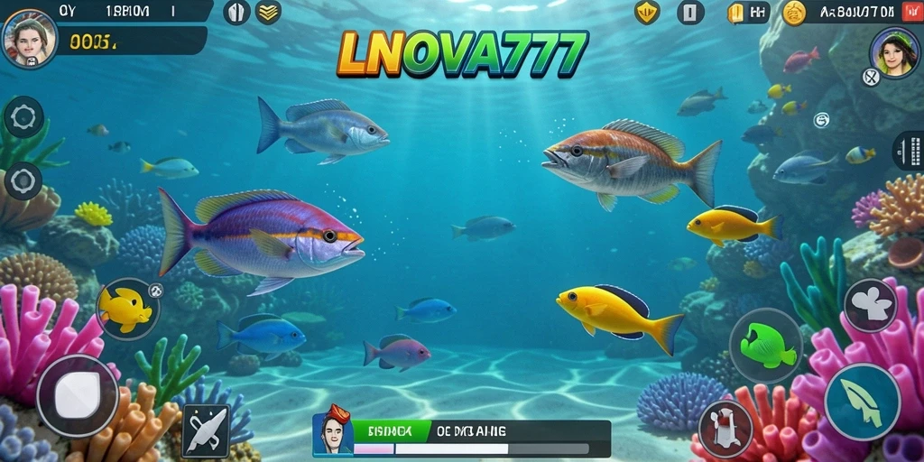 Screenshot gameplay LNOVA777 menampilkan aksi seru menembak ikan.