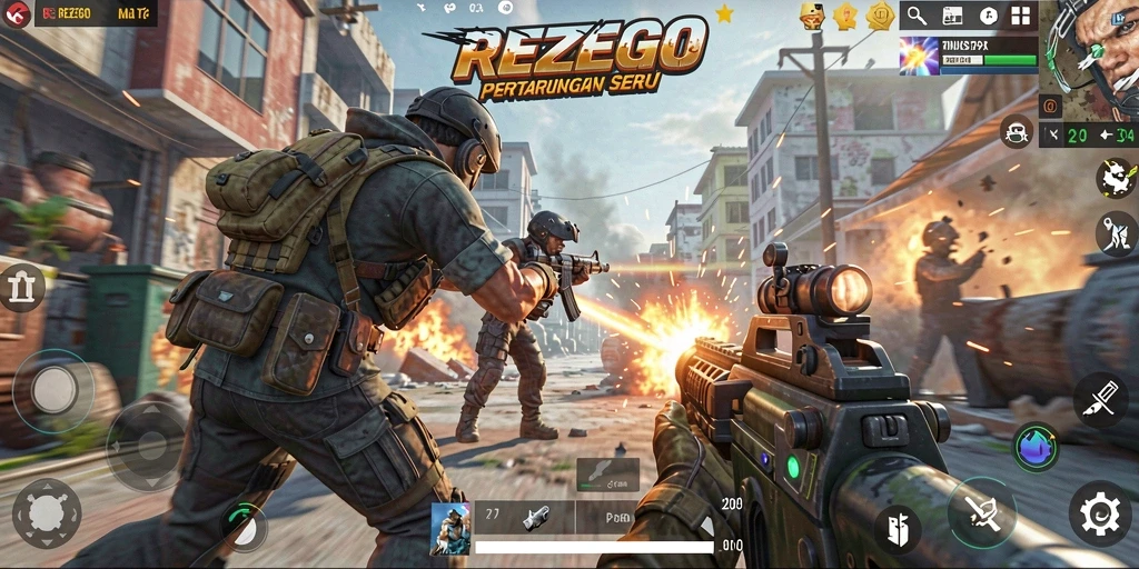 Tangkapan layar utama menunjukkan aksi seru dalam gameplay TPS REZEGO.