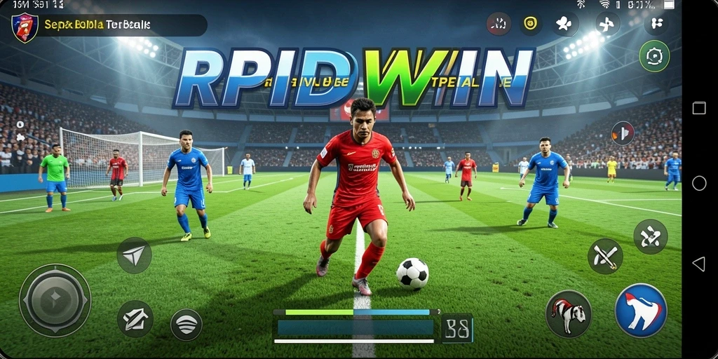 Tampilan gameplay RPIDWIN yang mendebarkan saat pertandingan sepak bola berlangsung.