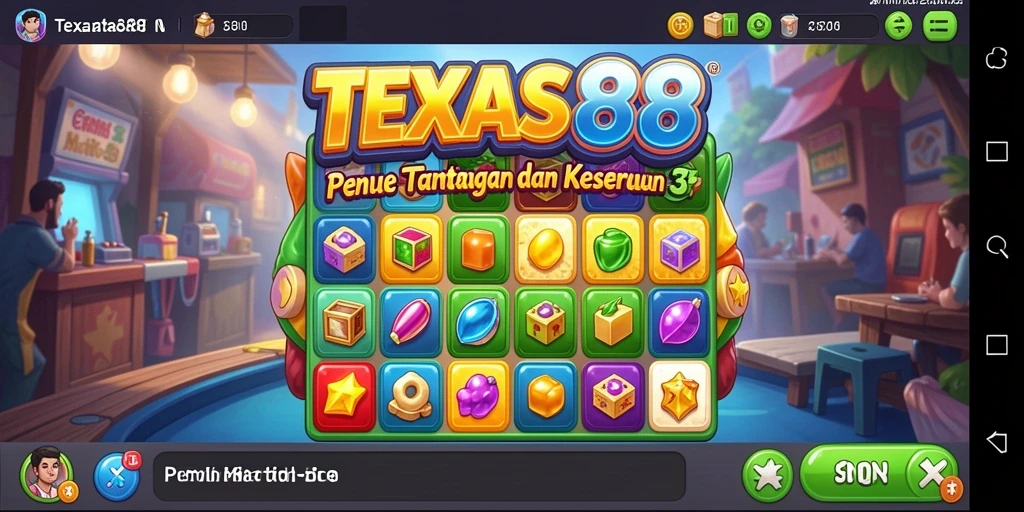 Screenshot TEXAS88 menampilkan aksi seru gameplay Match-3 dengan efek visual menarik.