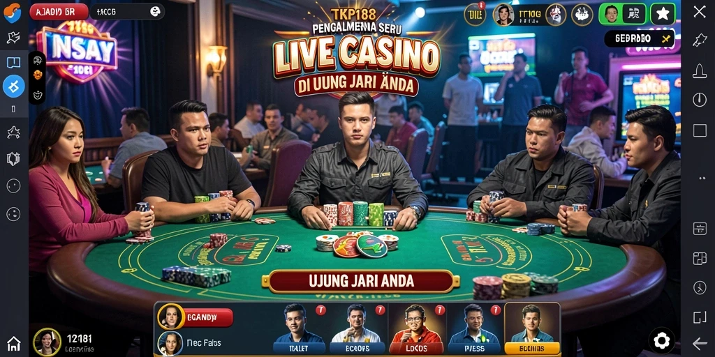 Screenshot TKP188 menampilkan dealer cantik di meja baccarat dengan pemain aktif.